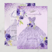 Quinceanera Lila Paars Silver Glitter Gown Invit Kaart (Voorkant / Achterkant)