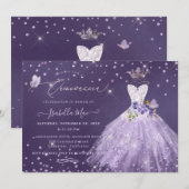 Quinceanera Lila Paars Silver Glitter Gown Invit Kaart (Voorkant / Achterkant)