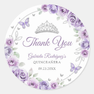 Quinceanera Lila Paars Zilver Bloem Ronde Sticker