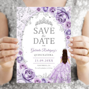 Quinceanera Lila Paars Zilver Bloem Save The Date