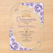 Quinceanera Lila Paarse Bloemen Acryl Uitnodigingen (Voorkant)