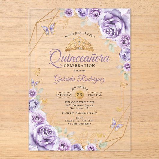 Quinceanera Lila Paarse Bloemen Acryl Uitnodigingen (Voorkant)