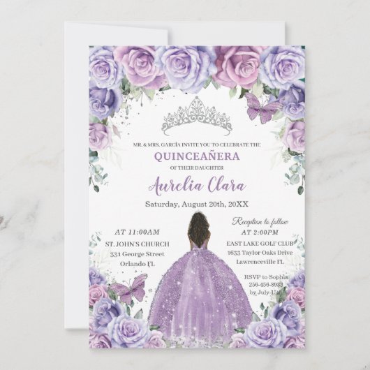 Quinceañera Lila Paarse Bloemen Bruine Prinses Kaart (Voorkant)