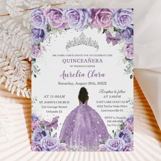 Quinceañera Lila Paarse Bloemen Bruine Prinses Kaart