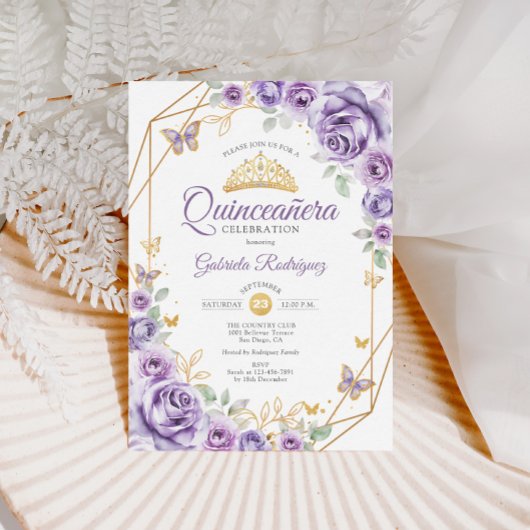 Quinceanera Lila Paarse Bloemen Kaart
