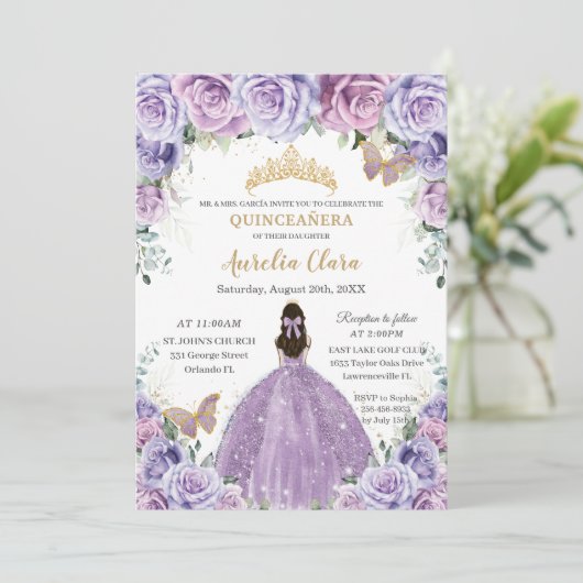 Quinceañera Lila Paarse bloemengouden vlinders Kaart (Staand voorkant)