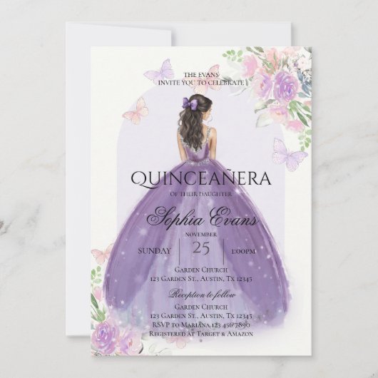 Quinceanera Lila Paarse jurk Floral Princess Kaart (Voorkant)