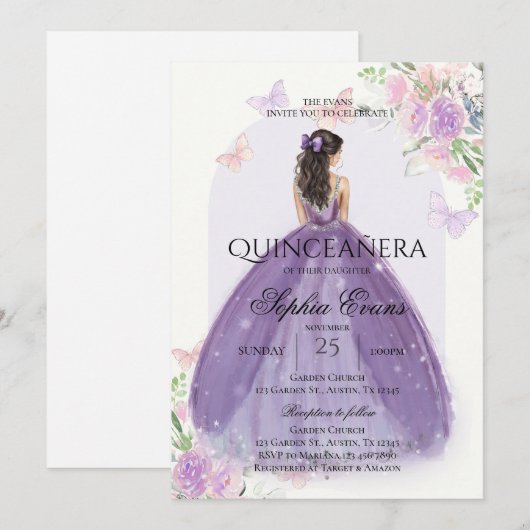 Quinceanera Lila Paarse jurk Floral Princess Kaart (Voorkant / Achterkant)