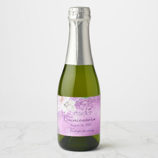Quinceanera lila paarse mini Mousserende Wijn labe Sparkling Wijnetiket (Voorkant)