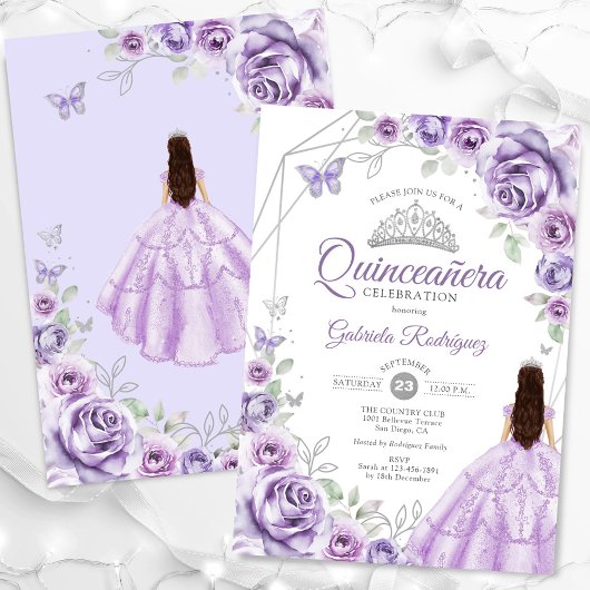 Quinceanera Lila Paarse Zilveren Jurk Bloemen Kaart
