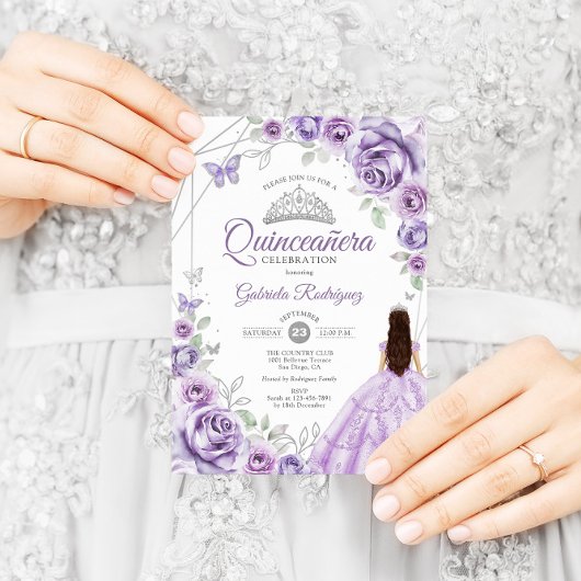 Quinceanera Lila Paarse Zilveren Jurk Bloemen Kaart