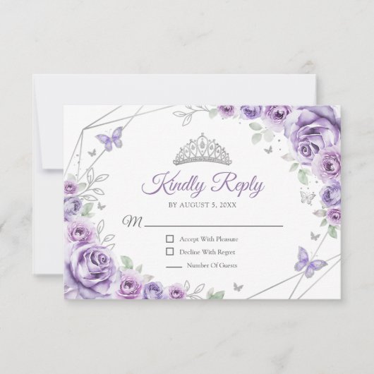 Quinceanera Lila Paarse Zilveren Jurk Floral Reage RSVP Kaartje (Voorkant)