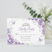 Quinceanera Lila Paarse Zilveren Jurk Floral Reage RSVP Kaartje (Staand voorkant)