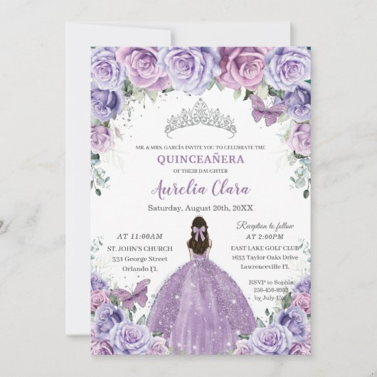 Quinceañera Lila Purple Flowers Butterflies Crown Kaart (Voorkant)