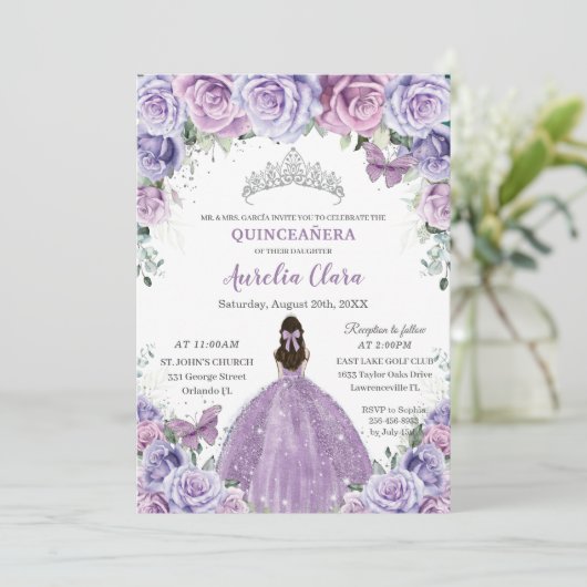 Quinceañera Lila Purple Flowers Butterflies Crown Kaart (Staand voorkant)