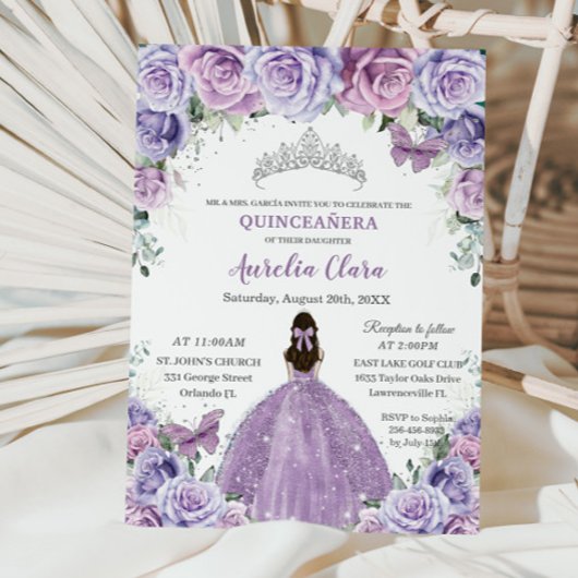 Quinceañera Lila Purple Flowers Butterflies Crown Kaart
