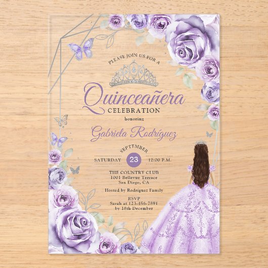 Quinceanera Lilac Purple Dress Floral Silver Acryl Uitnodigingen (Voorkant)