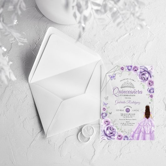 Quinceanera Lilac Purple Dress Floral Silver Acryl Uitnodigingen