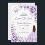 Quinceanera Lilac Purple Roses Dress Silver Save The Date<br><div class="desc">Lilac purple,  silver and white Quinceanera celebration save the date. Features,  brunette girl in ball gown dress script font,  silver butterflies,  watercolor roses and tiara. Perfect for an elegant princess style glam celebration. Personalize with your own details. Printed Zazzle cards or instant download digital printable template.</div>