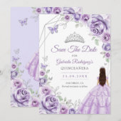 Quinceanera Lilac Purple Roses Dress Silver Save The Date (Voorkant / Achterkant)