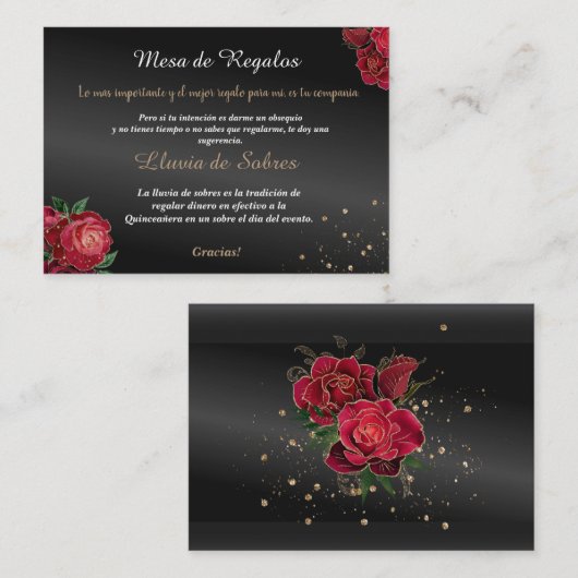 Quinceañera Lluvia de Sobres Zwart Rood Rozen Notitiekaartje (Voorkant / Achterkant)