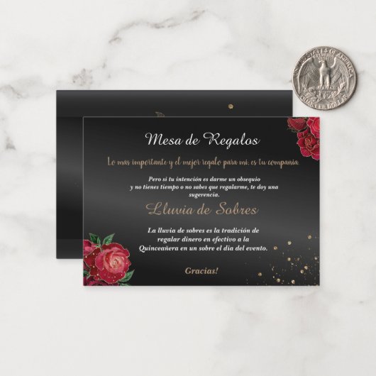 Quinceañera Lluvia de Sobres Zwart Rood Rozen Notitiekaartje (Voorkant / Achterkant in situ)