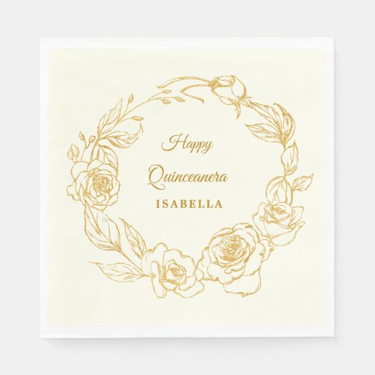 Quinceanera Luxe Goud Roos Ivoor Wit Cocktail Servet (Voorkant)
