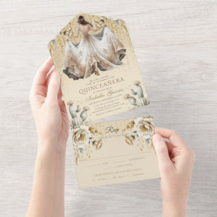 Quinceañera Luxe Ivoor Goud Mexicaanse Stijl RSVP All In One Uitnodiging