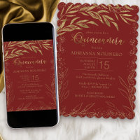 Quinceanera luxe rood en goud blad uitnodiging