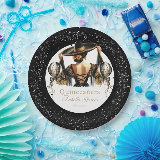 Quinceañera Luxe Zwart Goud Gepersonaliseerd Papieren Bordje (Feest)