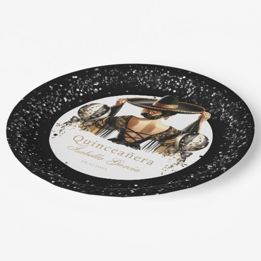 Quinceañera Luxe Zwart Goud Gepersonaliseerd Papieren Bordje (Gekanteld)
