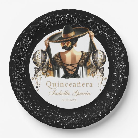 Quinceañera Luxe Zwart Goud Gepersonaliseerd Papieren Bordje (Voorkant)