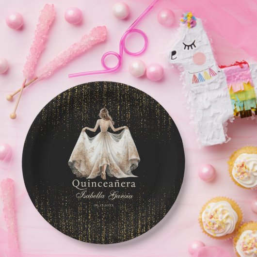 Quinceañera Luxe Zwart Ivoor Goud Gepersonaliseerd Papieren Bordje (Feest)