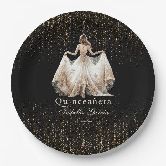 Quinceañera Luxe Zwart Ivoor Goud Gepersonaliseerd Papieren Bordje (Voorkant)
