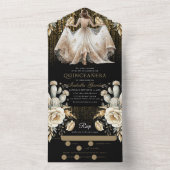 Quinceañera Luxe Zwart Ivoor Goud RSVP All In One Uitnodiging (Binnen)