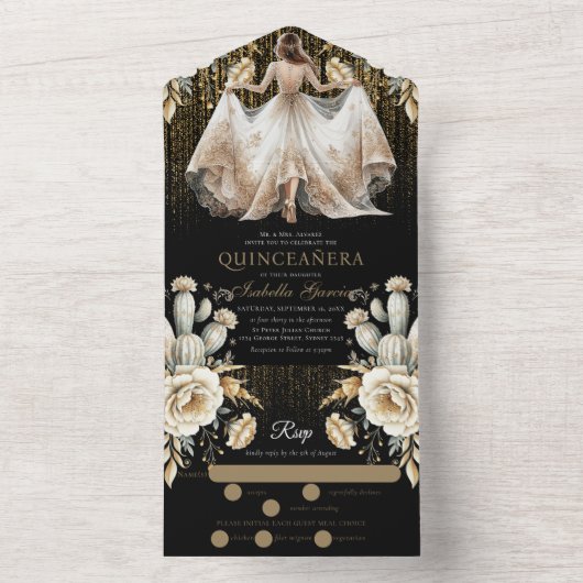 Quinceañera Luxe Zwart Ivoor Goud RSVP All In One Uitnodiging (Binnen)