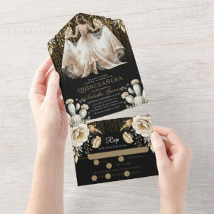 Quinceañera Luxe Zwart Ivoor Goud RSVP All In One Uitnodiging