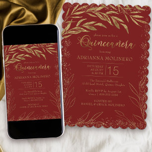 Quinceanera Luxury Red en Gold Leaves Invitation Kaart