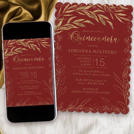 Quinceanera Luxury Red en Gold Leaves Invitation Kaart