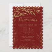 Quinceanera Luxury Red en Gold Leaves Invitation Kaart (Voorkant)