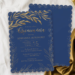 Quinceanera Luxury Royal Blue en Gold Leaves Kaart