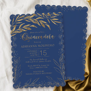 Quinceanera Luxury Royal Blue en Gold Leaves Kaart