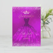 Quinceanera Magenta Gold Confetti+Princess Kaart (Staand voorkant)