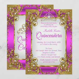 Quinceanera Magenta Gouden Parel Tiara Feestje Kaart