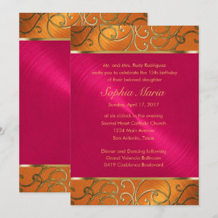 Quinceanera Magenta Roze Oranje Goud Filigraan Kaart