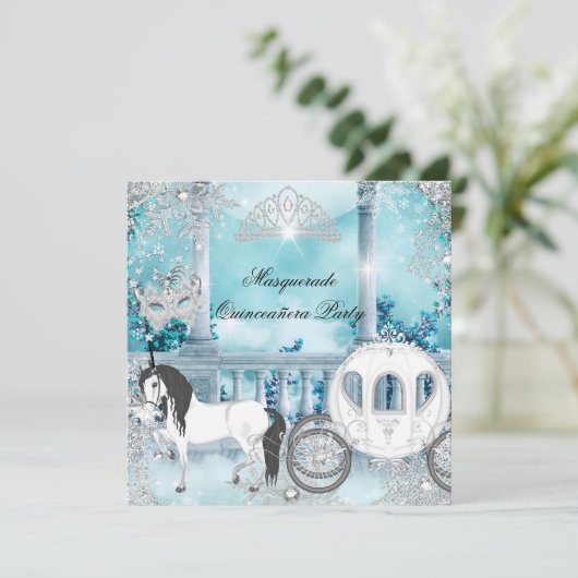Quinceanera Magical Princess Blue Horse Carriage Kaart (Staand voorkant)