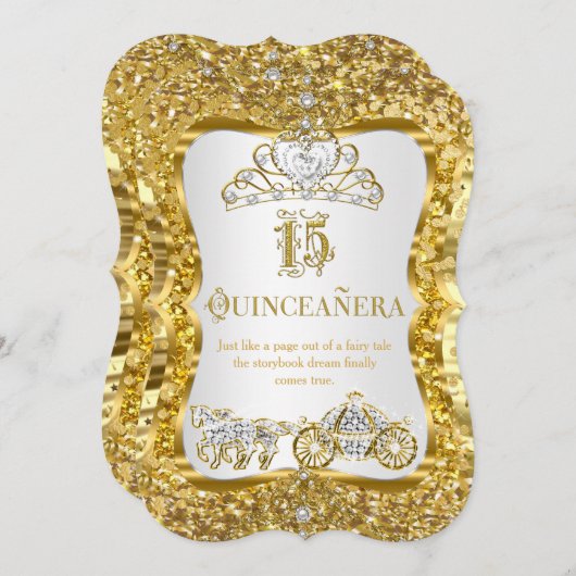 Quinceanera Magical Tiara Gold White Invite Kaart (Voorkant / Achterkant)
