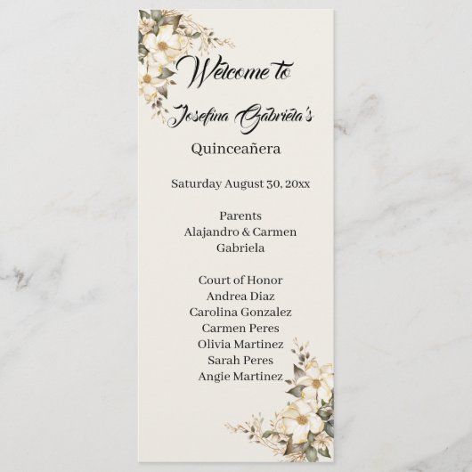 Quinceanera Magnolia dubbele programma kaart (Voorkant)