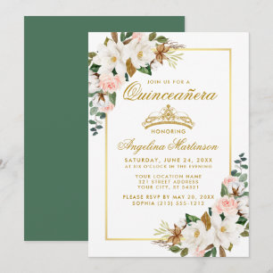 Quinceanera Magnolia Roos Floral Gold Green Kaart