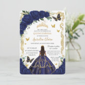 Quinceañera Marine Blauw Bloemen Goud Prinses Kaart (Staand voorkant)